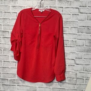 Calvin Klein Vibrant coral/salmon Blouse  Zipper & gold accents‎ versatile SZ M